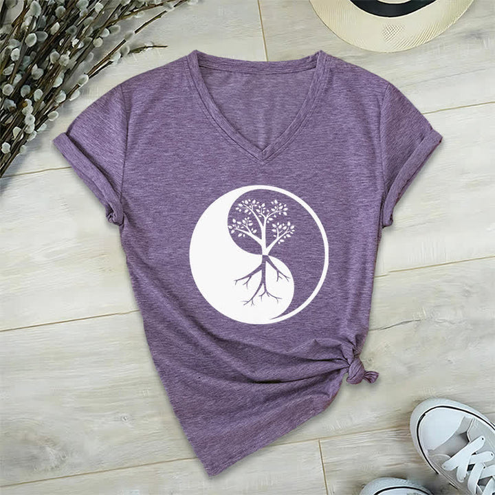 Olivenorma Yin Yang Tree Yoga Meditation V-Neck T-Shirt - Purple - 2XL - image 26