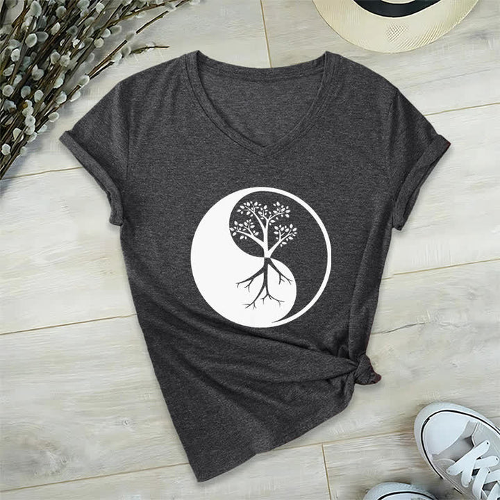 Olivenorma Yin Yang Tree Yoga Meditation V-Neck T-Shirt - Gray - 2XL - image 1