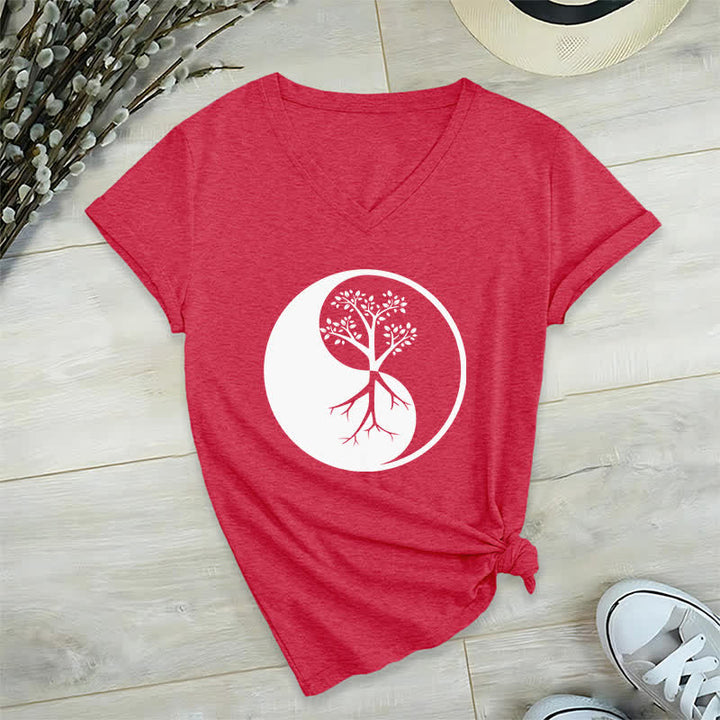 Olivenorma Yin Yang Tree Yoga Meditation V-Neck T-Shirt - Red - 2XL - image 13