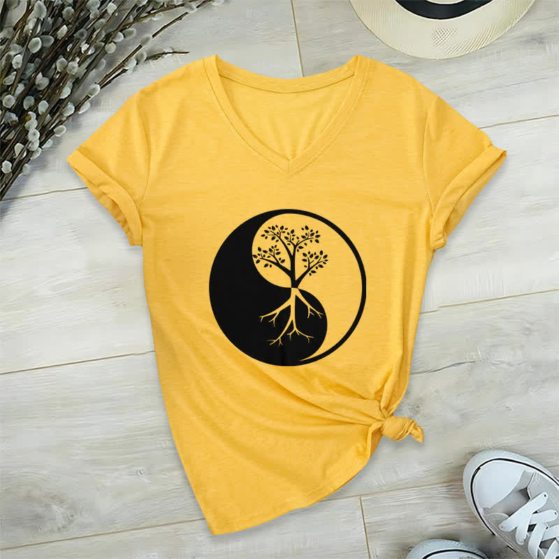 Olivenorma Yin Yang Tree Yoga Meditation V-Neck T-Shirt - Yellow - 2XL - image 15