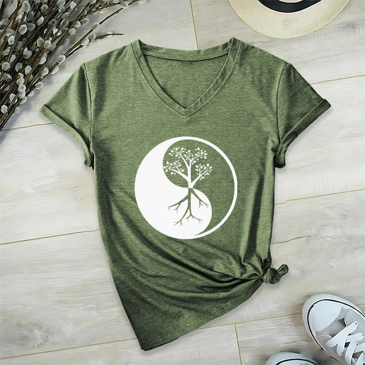 Olivenorma Yin Yang Tree Yoga Meditation V-Neck T-Shirt - Olive Green - 2XL - image 10
