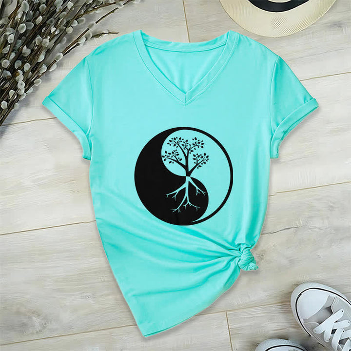 Olivenorma Yin Yang Tree Yoga Meditation V-Neck T-Shirt - Lake Blue - 2XL - image 23