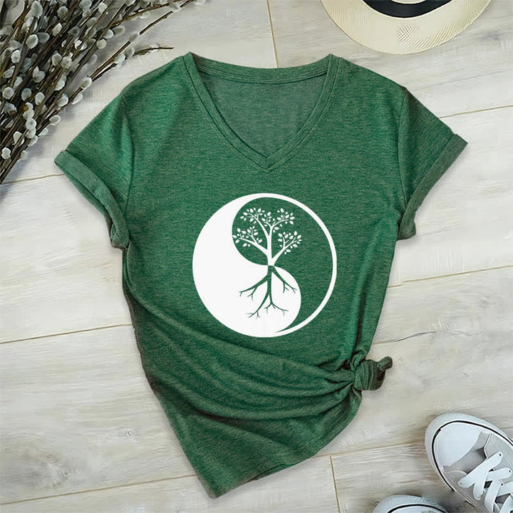 Olivenorma Yin Yang Tree Yoga Meditation V-Neck T-Shirt - Dark Green - 2XL - image 8