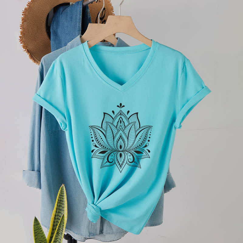 Olivenorma Mandala Lotus Flower V-Neck T-Shirt - Lake Blue - 2XL - image 23
