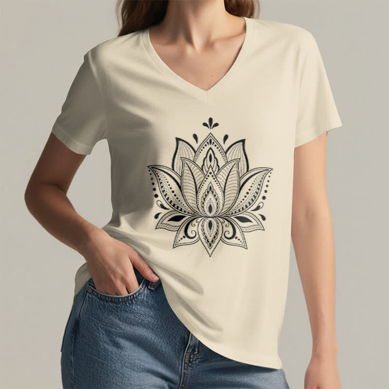 Olivenorma Mandala Lotus Flower V-Neck T-Shirt - image 1