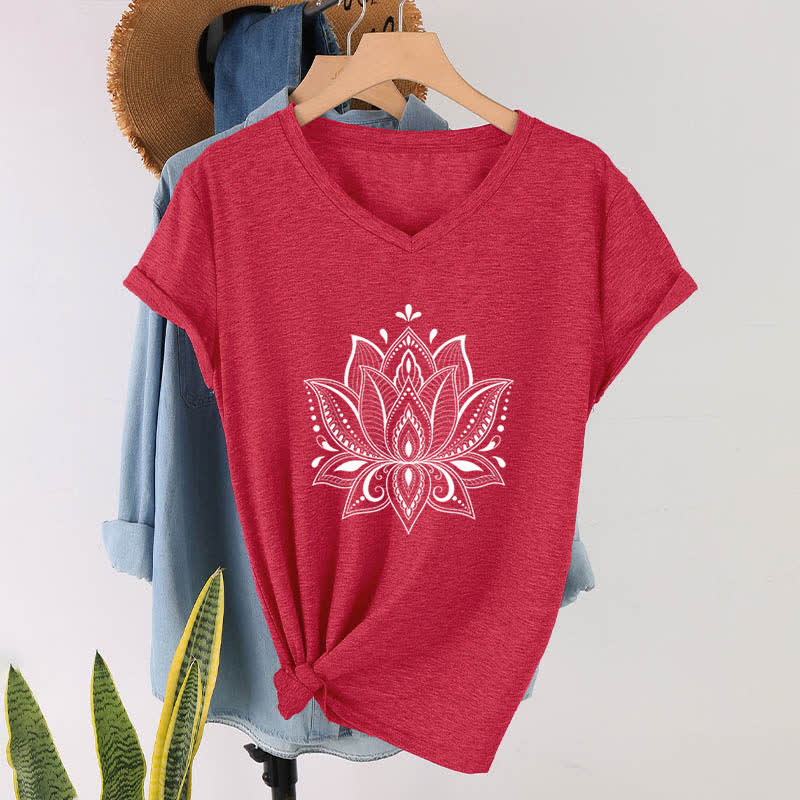 Olivenorma Mandala Lotus Flower V-Neck T-Shirt - Red - 2XL - image 15