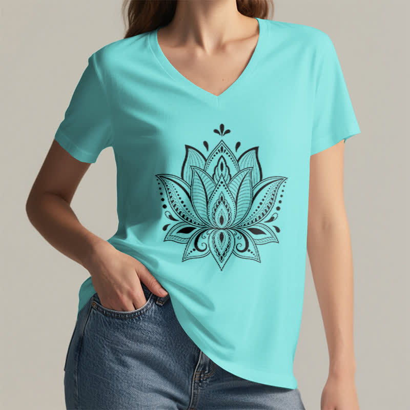 Olivenorma Mandala Lotus Flower V-Neck T-Shirt - image 24