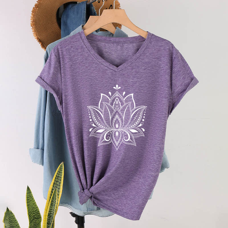 Olivenorma Mandala Lotus Flower V-Neck T-Shirt - Purple - 2XL - image 25