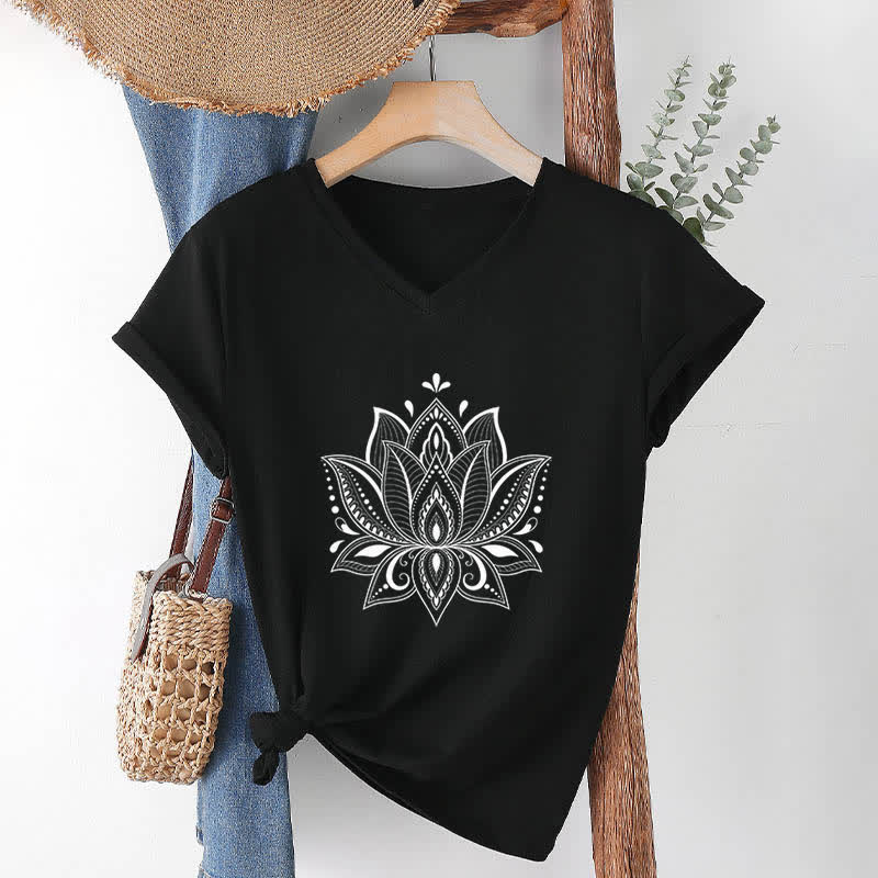Olivenorma Mandala Lotus Flower V-Neck T-Shirt - Black - 2XL - image 13