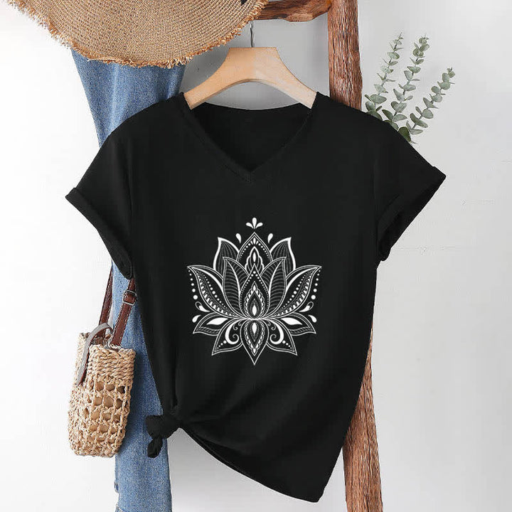 Olivenorma Mandala Lotus Flower V-Neck T-Shirt - Black - 2XL - image 13