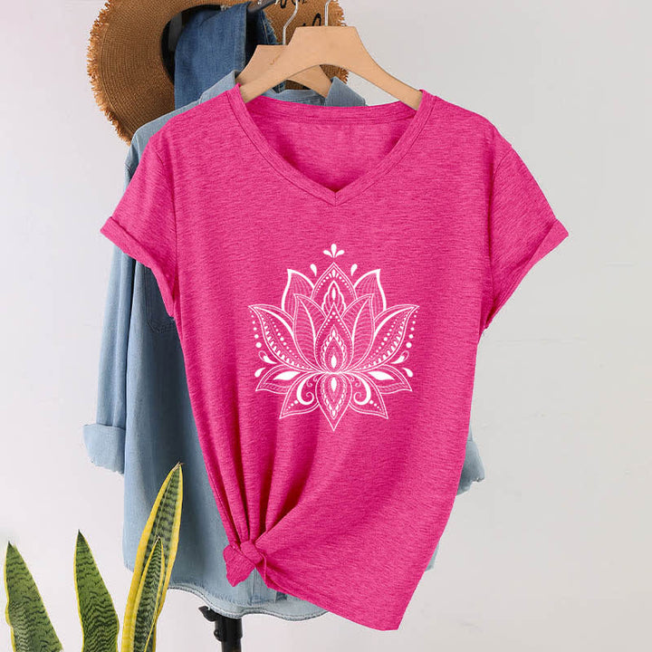 Olivenorma Mandala Lotus Flower V-Neck T-Shirt - Rose Red - 2XL - image 22