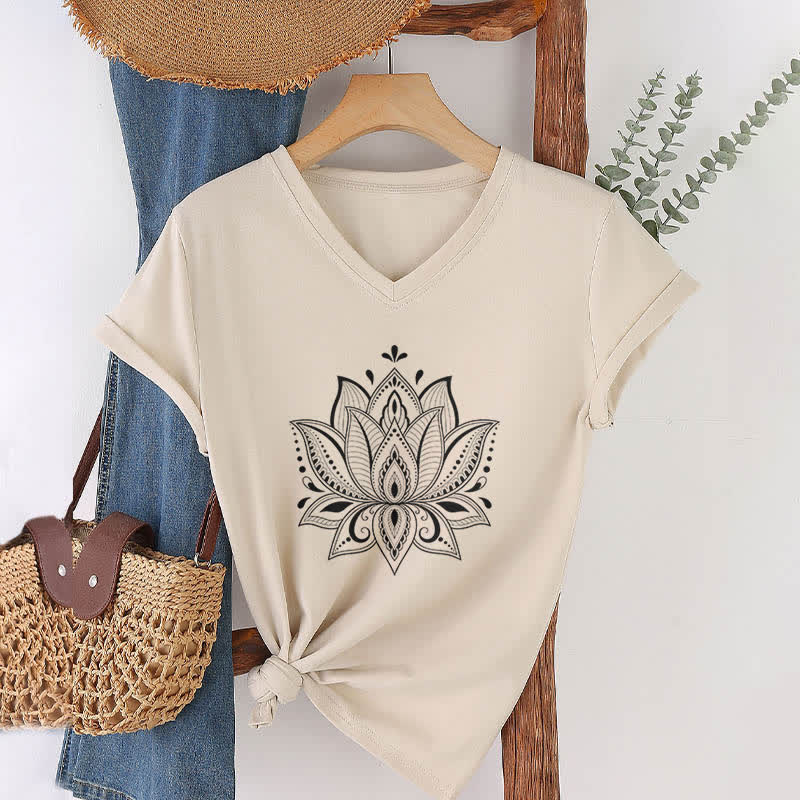 Olivenorma Mandala Lotus Flower V-Neck T-Shirt - Khaki - 2XL - image 0