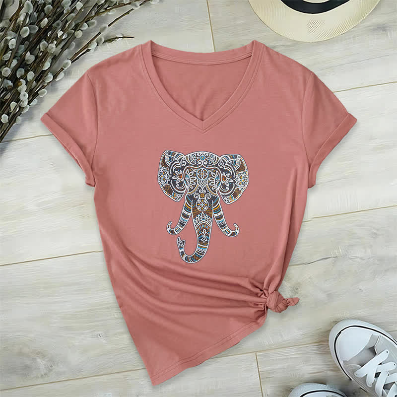 Olivenorma Women's Nature and Animal Elephant V-Neck T-Shirt - Pink - 2XL - image 17