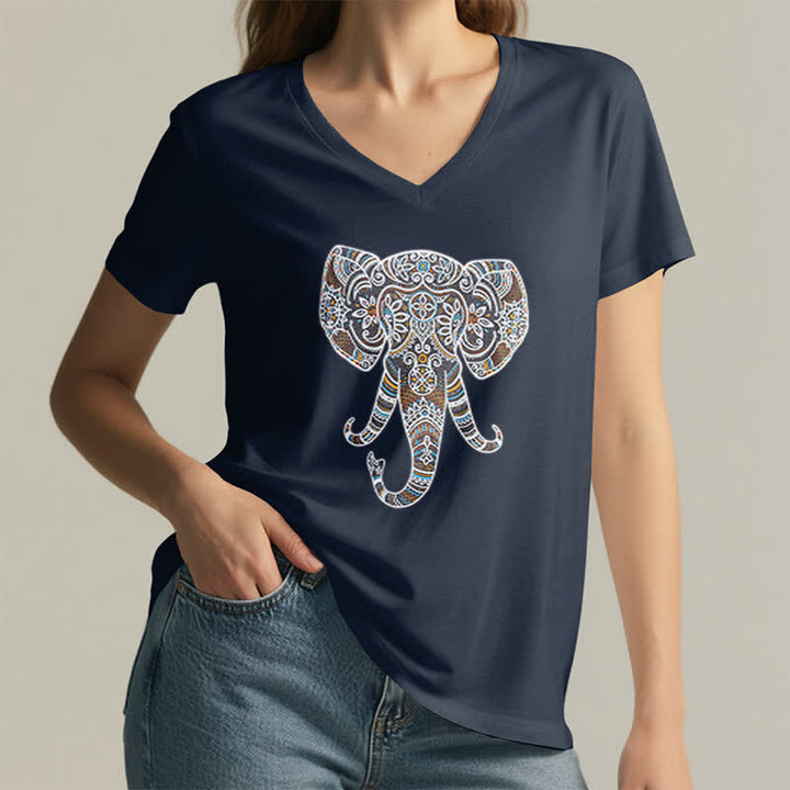 Olivenorma Women's Nature and Animal Elephant V-Neck T-Shirt - image 7