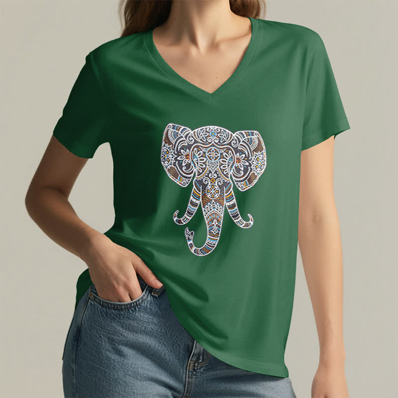 Olivenorma Women's Nature and Animal Elephant V-Neck T-Shirt - image 9