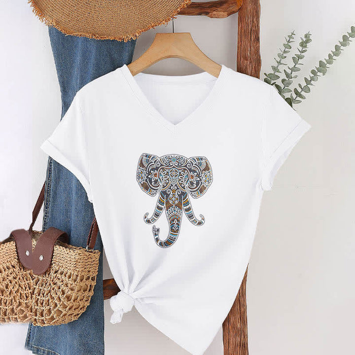 Olivenorma Women's Nature and Animal Elephant V-Neck T-Shirt - image 5