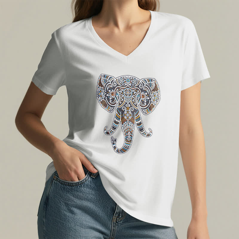 Olivenorma Women's Nature and Animal Elephant V-Neck T-Shirt - image 4