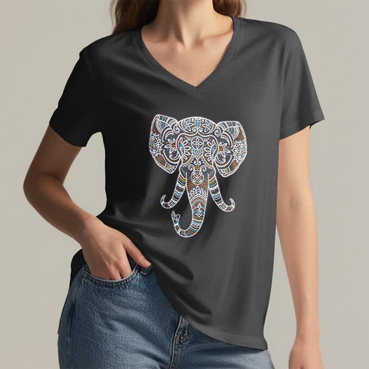 Olivenorma Women's Nature and Animal Elephant V-Neck T-Shirt - image 2