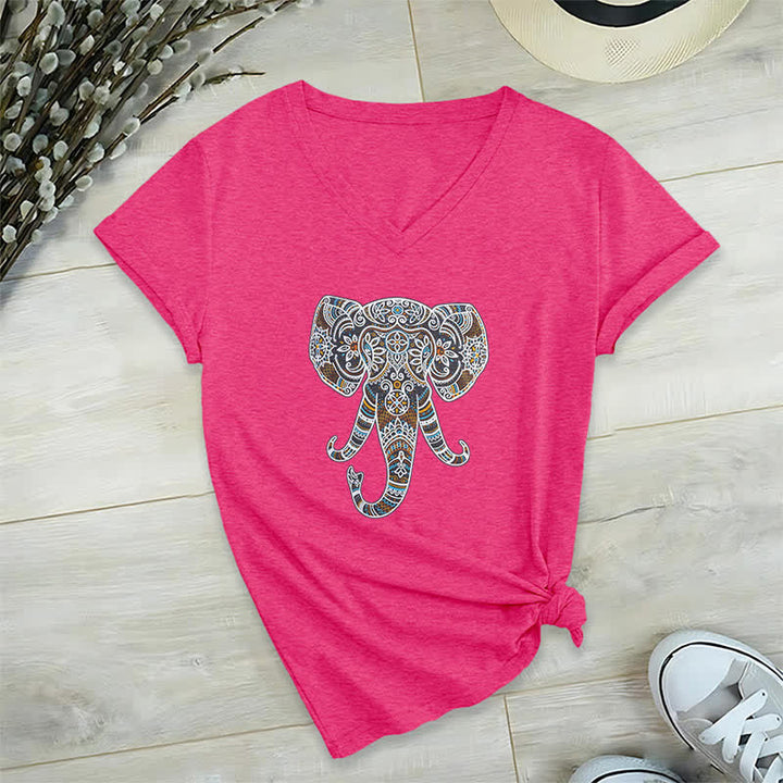 Olivenorma Women's Nature and Animal Elephant V-Neck T-Shirt - Rose Red - 2XL - image 19