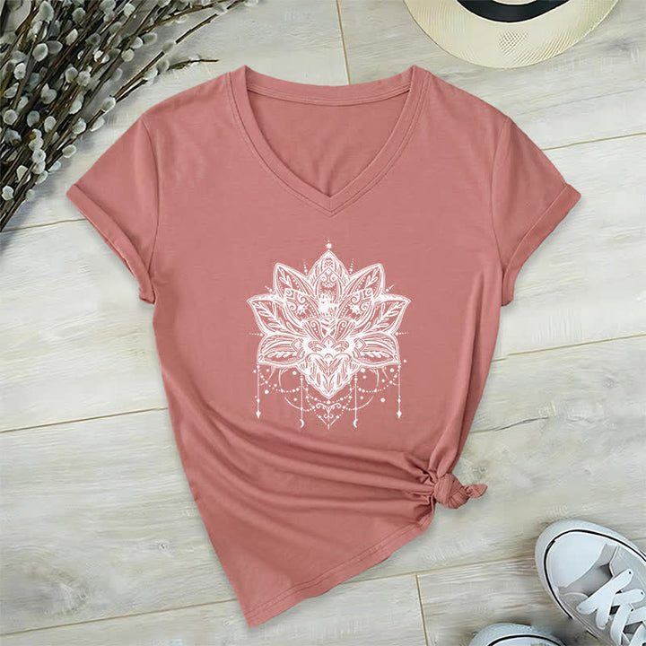 Olivenorma Lotus Printed V-Neck T-Shirt - Pink - 2XL - image 0
