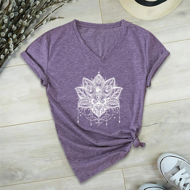 Olivenorma Lotus Printed V-Neck T-Shirt - Purple - 2XL - image 24