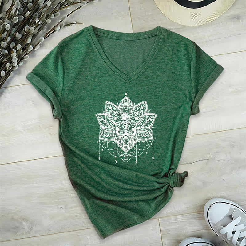 Olivenorma Lotus Printed V-Neck T-Shirt - Dark Green - 2XL - image 6