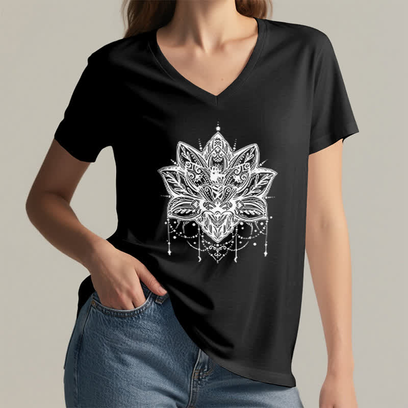 Olivenorma Lotus Printed V-Neck T-Shirt - image 13