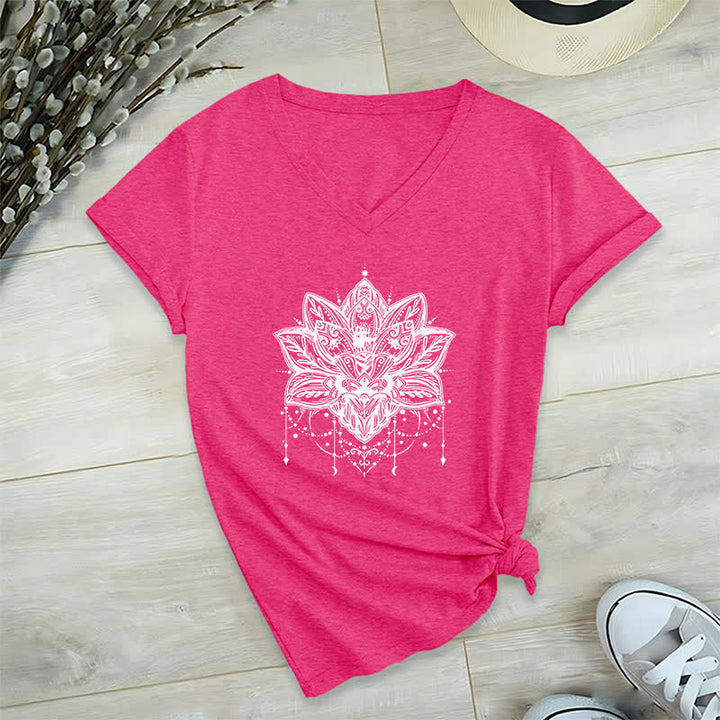 Olivenorma Lotus Printed V-Neck T-Shirt - Rose Red - 2XL - image 18
