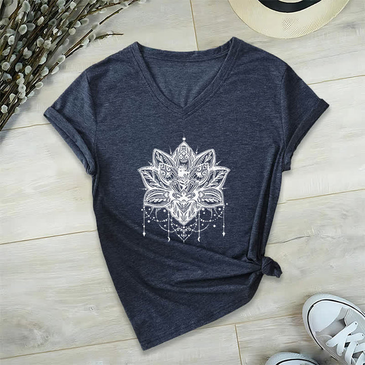 Olivenorma Lotus Printed V-Neck T-Shirt - Navy Blue - 2XL - image 4
