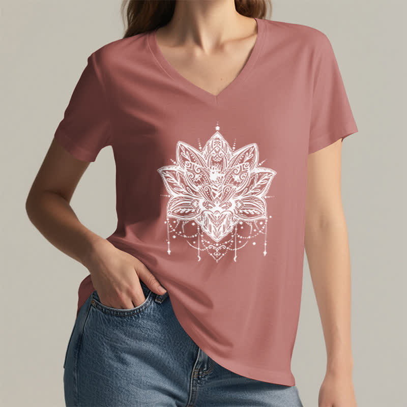 Olivenorma Lotus Printed V-Neck T-Shirt - image 1