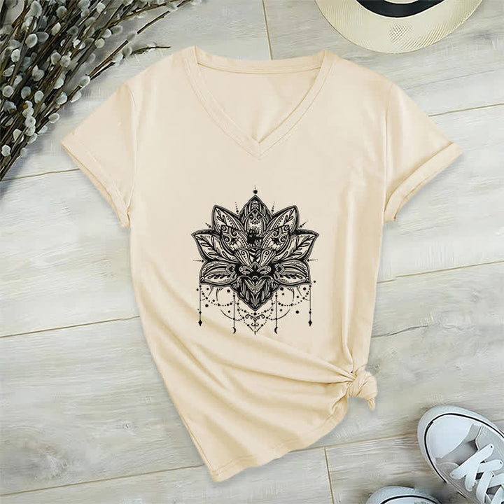 Olivenorma Lotus Printed V-Neck T-Shirt - Khaki - 2XL - image 20