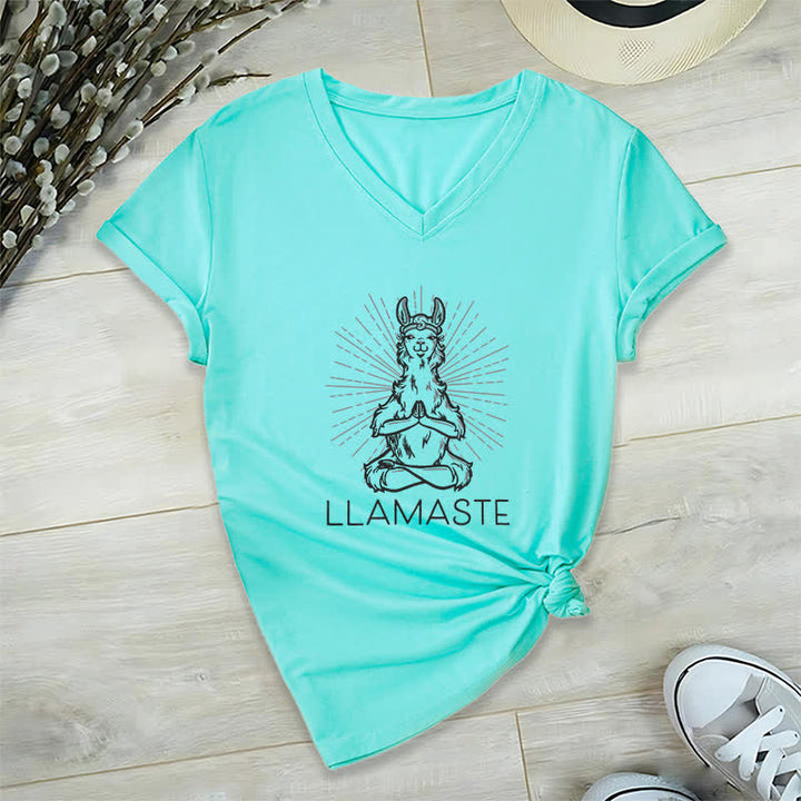 Olivenorma Funny Yoga Llama Namaste Workout V-Neck T-Shirt - Lake Blue - 2XL - image 23