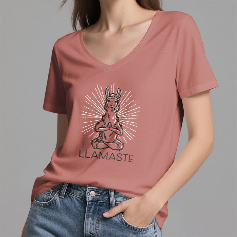 Olivenorma Funny Yoga Llama Namaste Workout V-Neck T-Shirt - image 18
