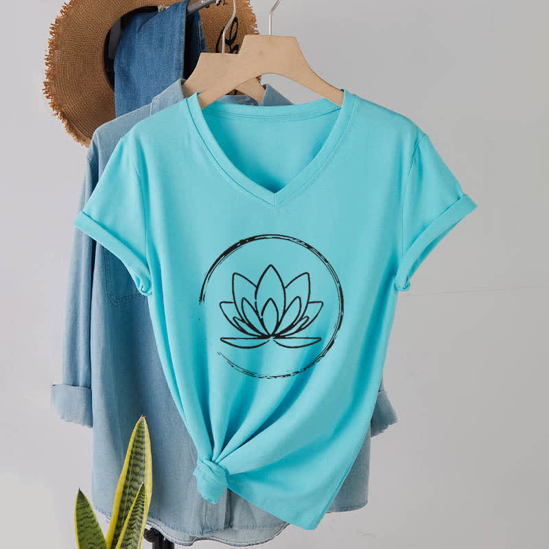 Olivenorma Boho Lotus Flower Loose V-Neck T-Shirt - Lake Blue - 2XL - image 22