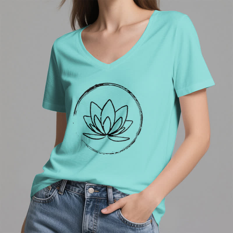 Olivenorma Boho Lotus Flower Loose V-Neck T-Shirt - image 23