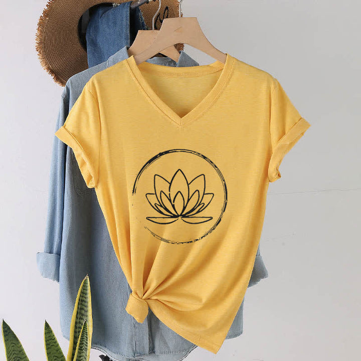 Olivenorma Boho Lotus Flower Loose V-Neck T-Shirt - Yellow - 2XL - image 16