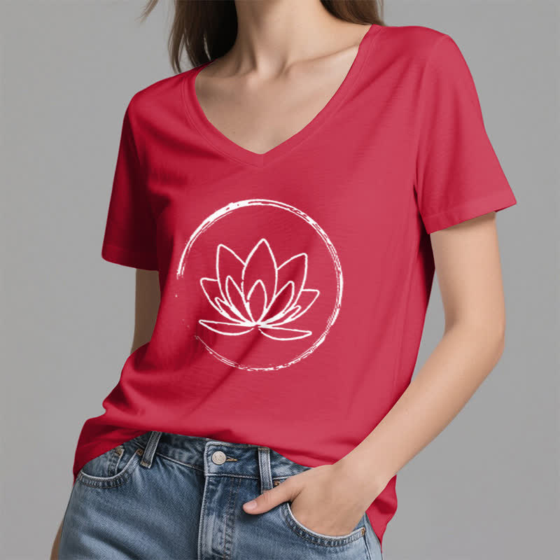 Olivenorma Boho Lotus Flower Loose V-Neck T-Shirt - image 15