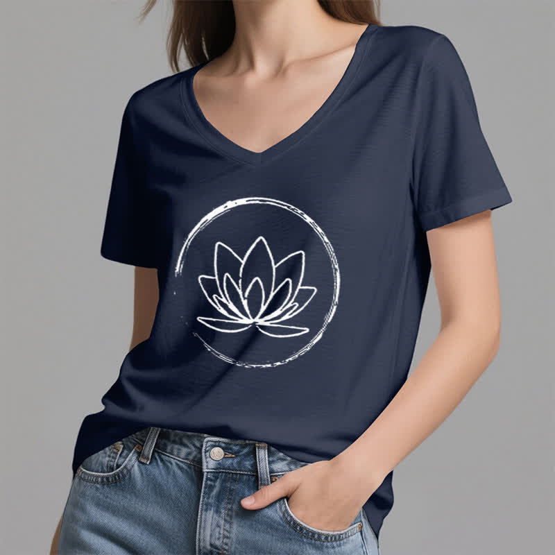 Olivenorma Boho Lotus Flower Loose V-Neck T-Shirt - image 5