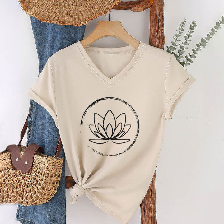 Olivenorma Boho Lotus Flower Loose V-Neck T-Shirt - Khaki - 2XL - image 20