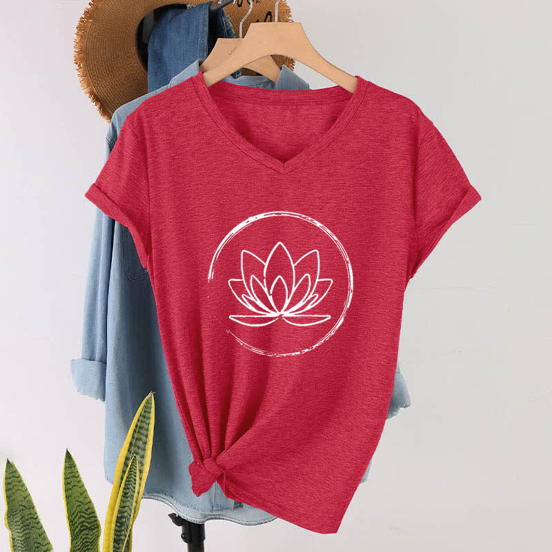 Olivenorma Boho Lotus Flower Loose V-Neck T-Shirt - Red - 2XL - image 14