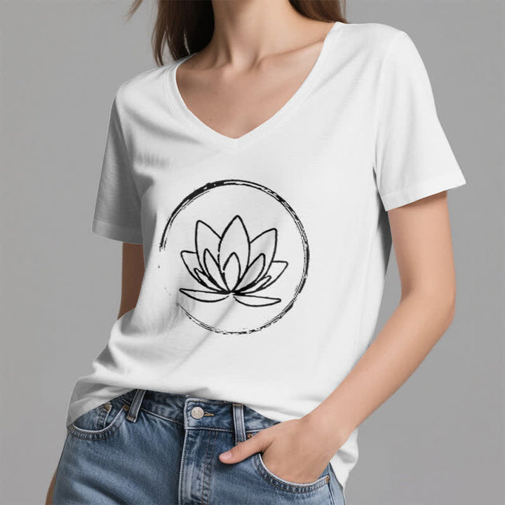 Olivenorma Boho Lotus Flower Loose V-Neck T-Shirt - image 3