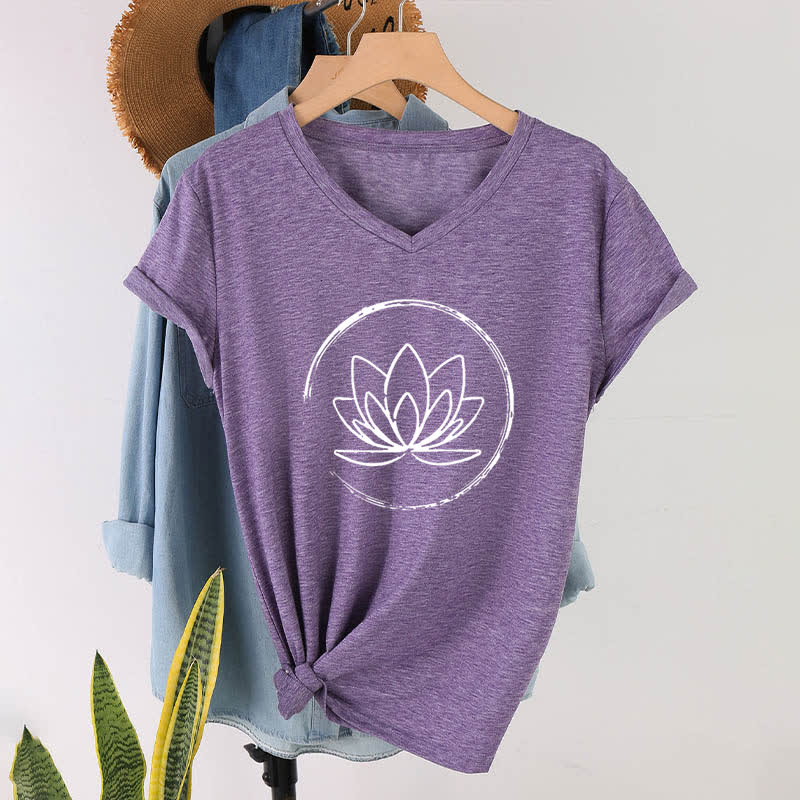 Olivenorma Boho Lotus Flower Loose V-Neck T-Shirt - Purple - 2XL - image 24