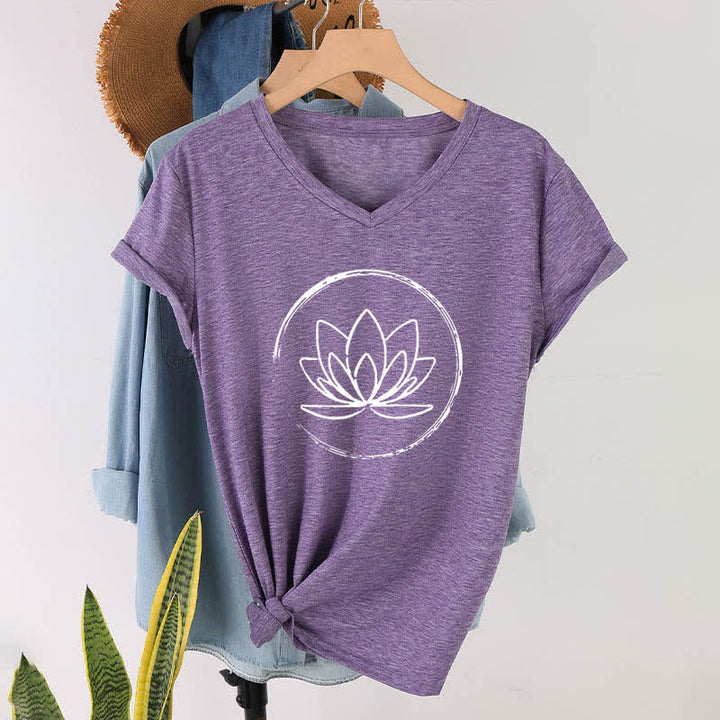 Olivenorma Boho Lotus Flower Loose V-Neck T-Shirt - Purple - 2XL - image 24
