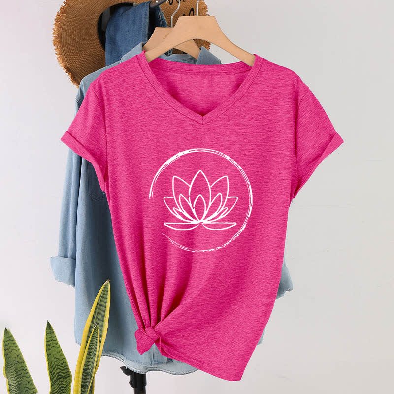 Olivenorma Boho Lotus Flower Loose V-Neck T-Shirt - Rose Red - 2XL - image 18