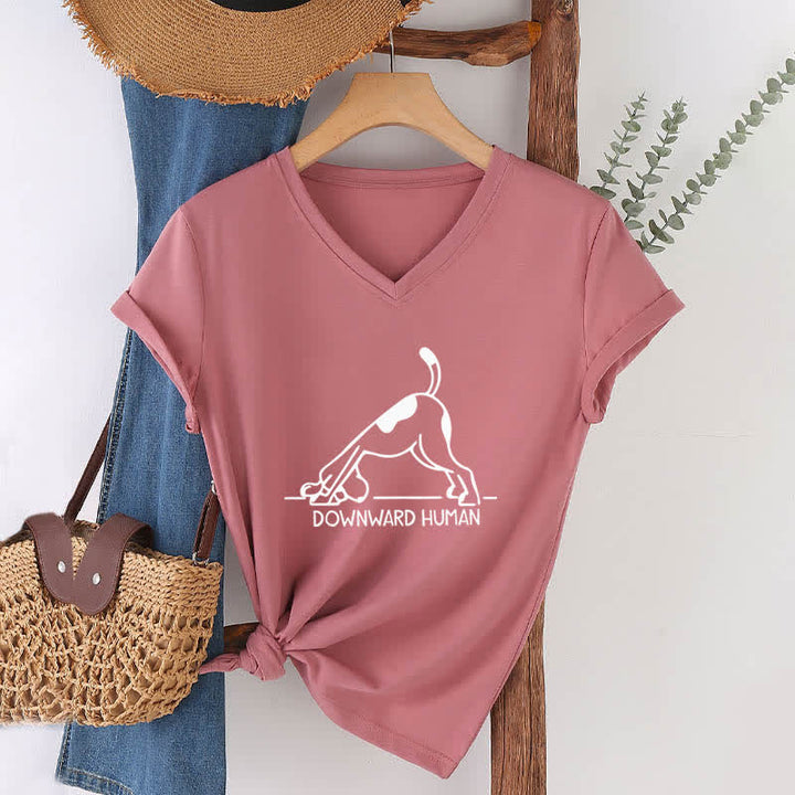 Olivenorma Downward-Facing Dog Yoga V-Neck T-Shirt - Pink - 2XL - image 16