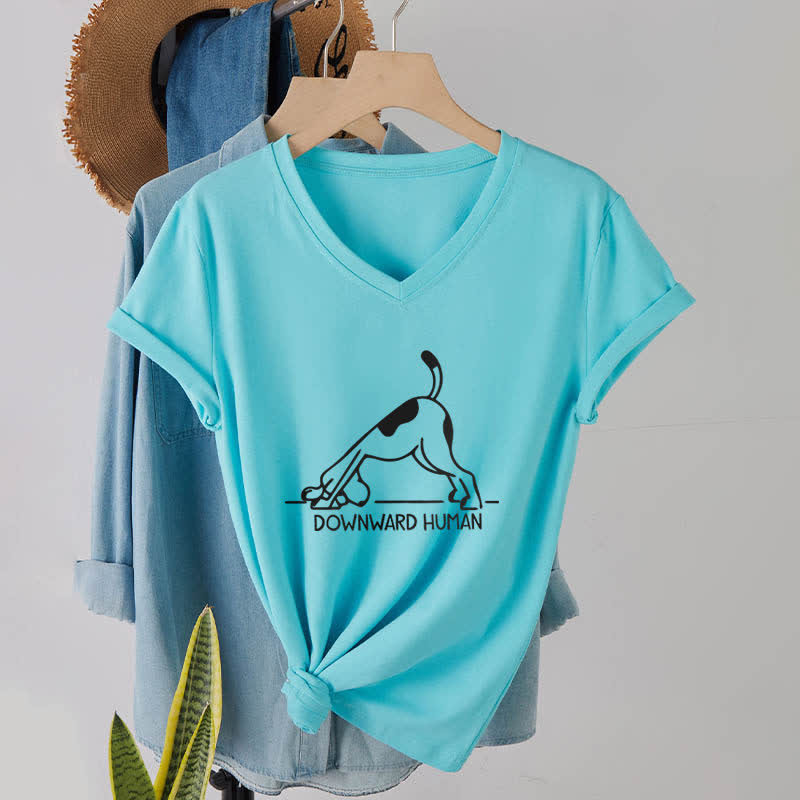Olivenorma Downward-Facing Dog Yoga V-Neck T-Shirt - Lake Blue - 2XL - image 22