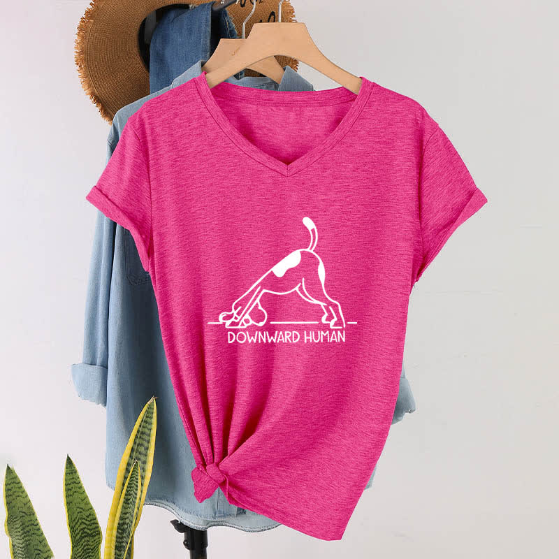 Olivenorma Downward-Facing Dog Yoga V-Neck T-Shirt - Rose Red - 2XL - image 18