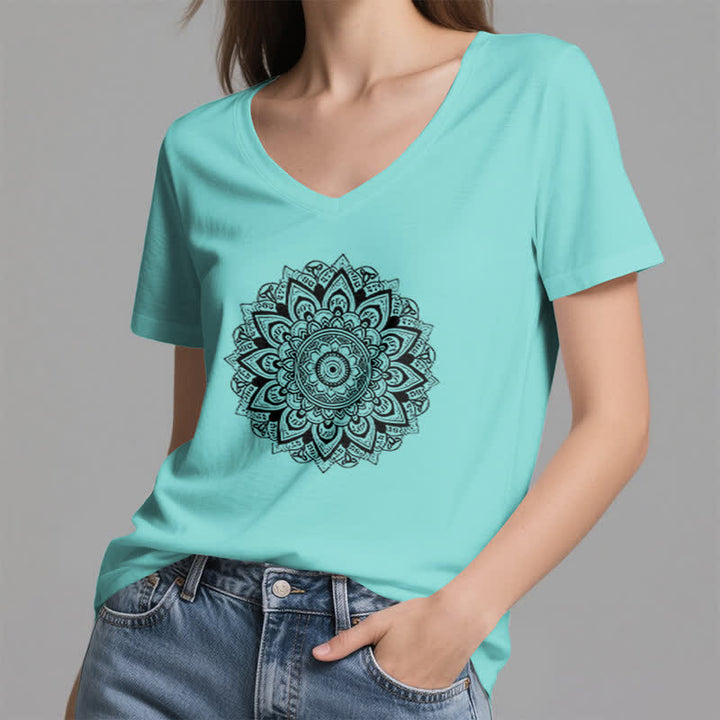 Olivenorma Lotus Flower Geometric Pattern Yoga V-Neck T-Shirt - image 14