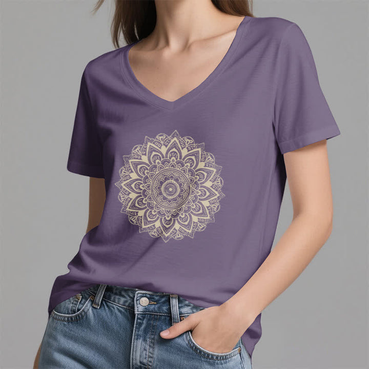 Olivenorma Lotus Flower Geometric Pattern Yoga V-Neck T-Shirt - image 24