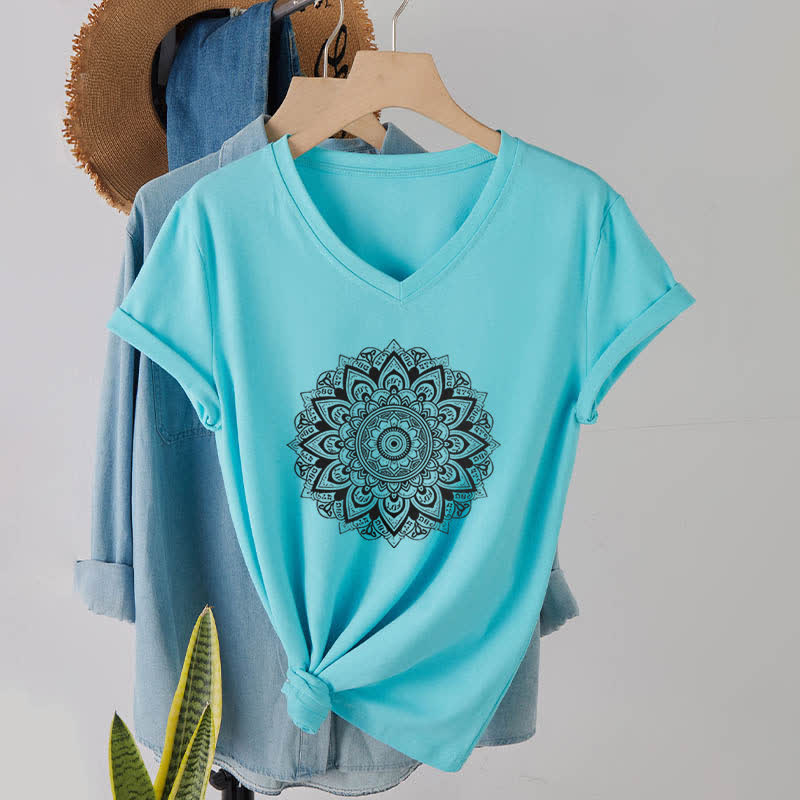 Olivenorma Lotus Flower Geometric Pattern Yoga V-Neck T-Shirt - Lake Blue - 2XL - image 11